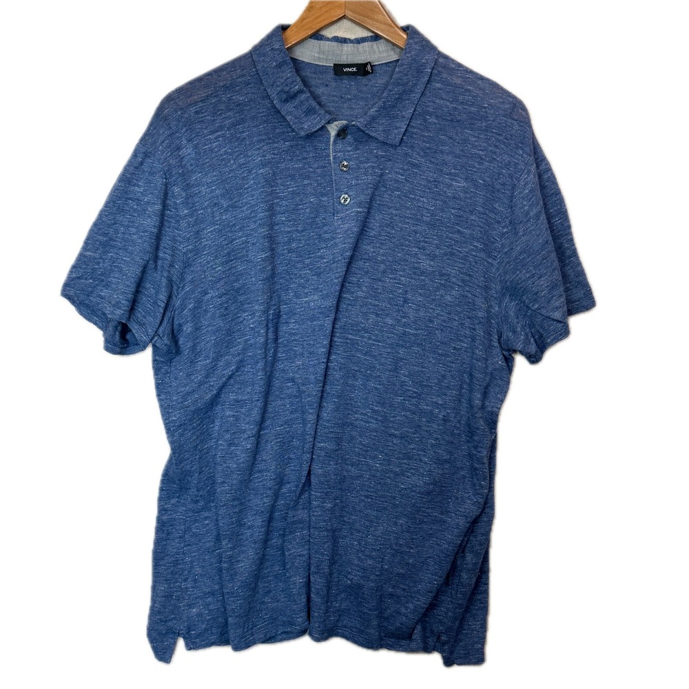 Vince Men's L Blue Space Dye Slub Knit Short Sleeve Polo Luxury Casual Shirt